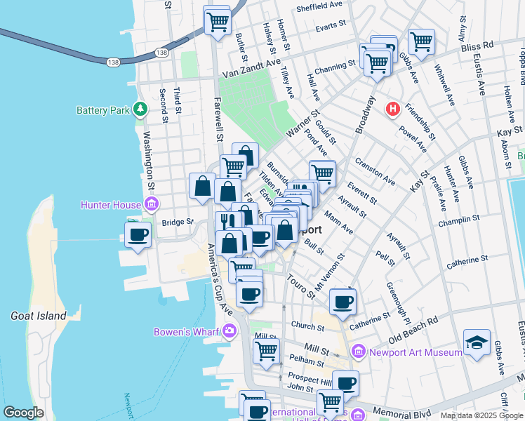 map of restaurants, bars, coffee shops, grocery stores, and more near 37 Farewell Street in Newport