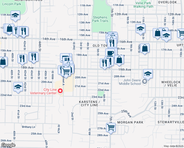 map of restaurants, bars, coffee shops, grocery stores, and more near 428 19th Ave in Moline