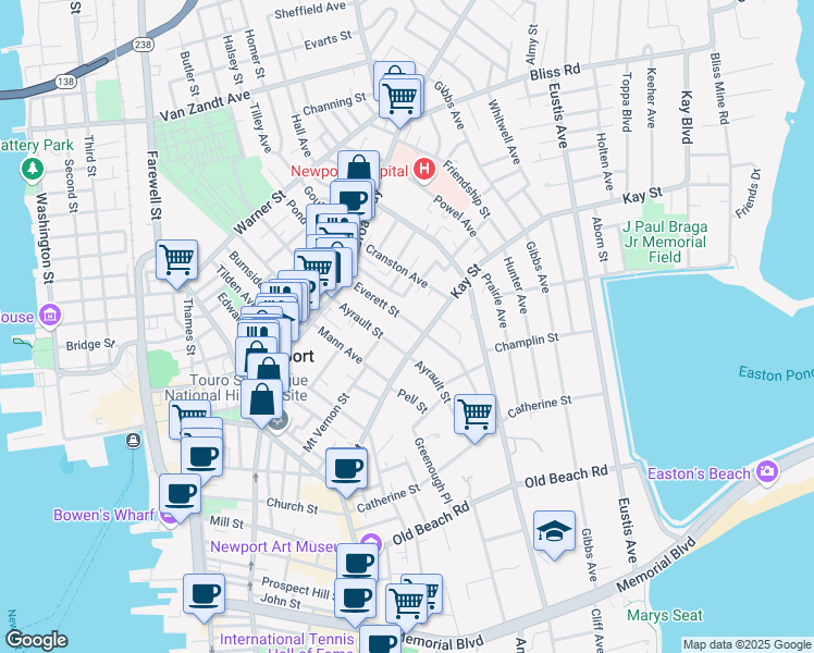 map of restaurants, bars, coffee shops, grocery stores, and more near 33 Everett Street in Newport