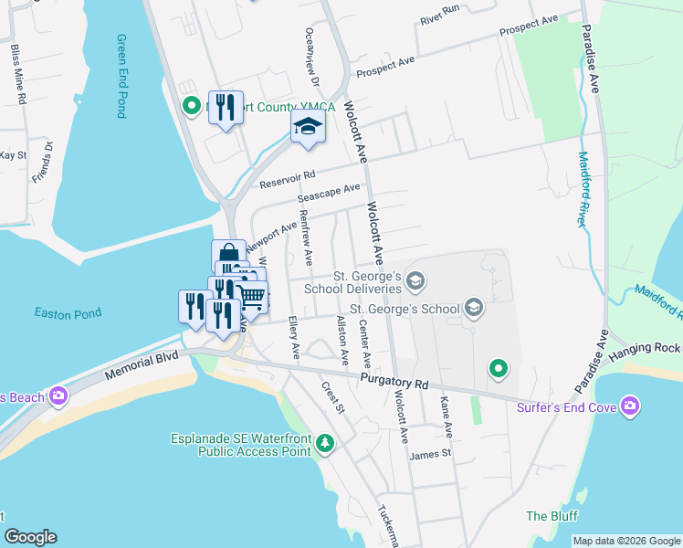 map of restaurants, bars, coffee shops, grocery stores, and more near 84 Allston Avenue in Middletown