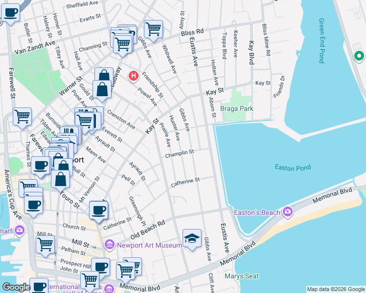 map of restaurants, bars, coffee shops, grocery stores, and more near 25 Hunter Avenue in Newport