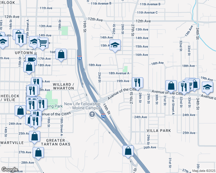map of restaurants, bars, coffee shops, grocery stores, and more near 1918 23rd Street A in Moline