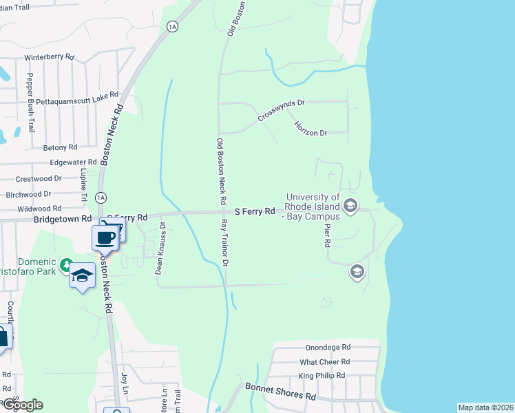 map of restaurants, bars, coffee shops, grocery stores, and more near 132 South Ferry Road in Narragansett
