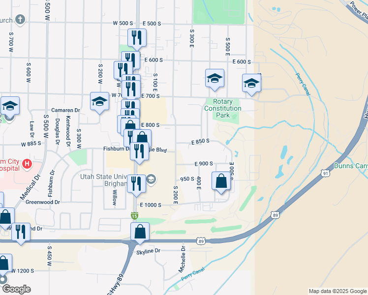 map of restaurants, bars, coffee shops, grocery stores, and more near 240 East 850 South in Brigham City