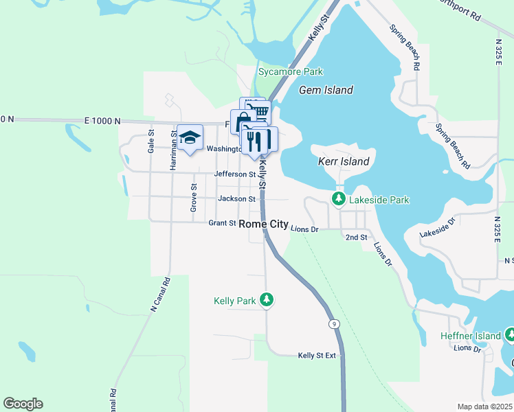 map of restaurants, bars, coffee shops, grocery stores, and more near 402 Kelly Street in Rome City