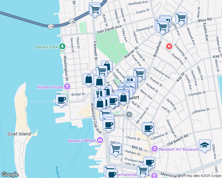 map of restaurants, bars, coffee shops, grocery stores, and more near 32 Farewell Street in Newport