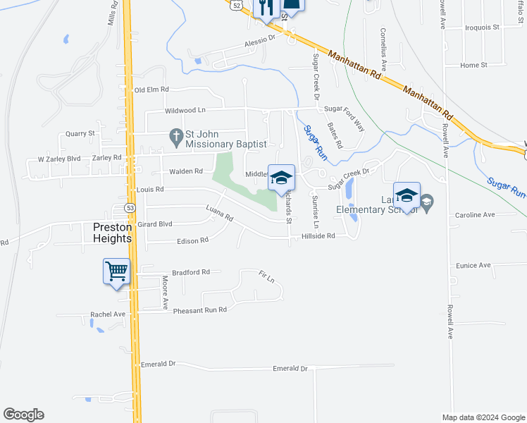 map of restaurants, bars, coffee shops, grocery stores, and more near 305 Louis Road in Joliet