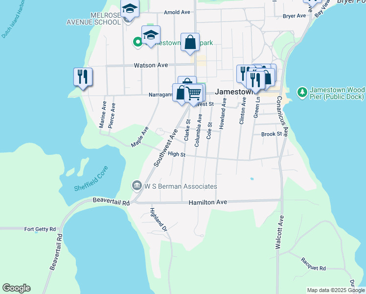 map of restaurants, bars, coffee shops, grocery stores, and more near 7 Anthem Street in Jamestown