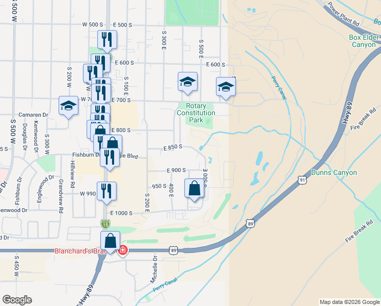 map of restaurants, bars, coffee shops, grocery stores, and more near 454 East 850 South in Brigham City