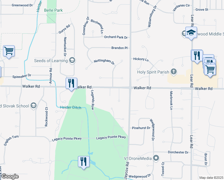 map of restaurants, bars, coffee shops, grocery stores, and more near 32351 Walker Road in Avon Lake