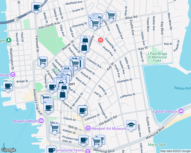 map of restaurants, bars, coffee shops, grocery stores, and more near 31 Everett Street in Newport