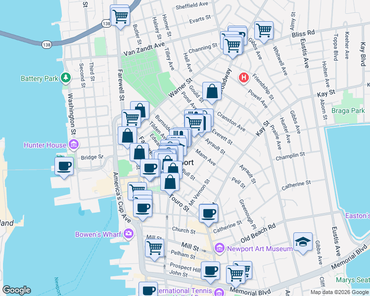 map of restaurants, bars, coffee shops, grocery stores, and more near 10A Collins Street in Newport