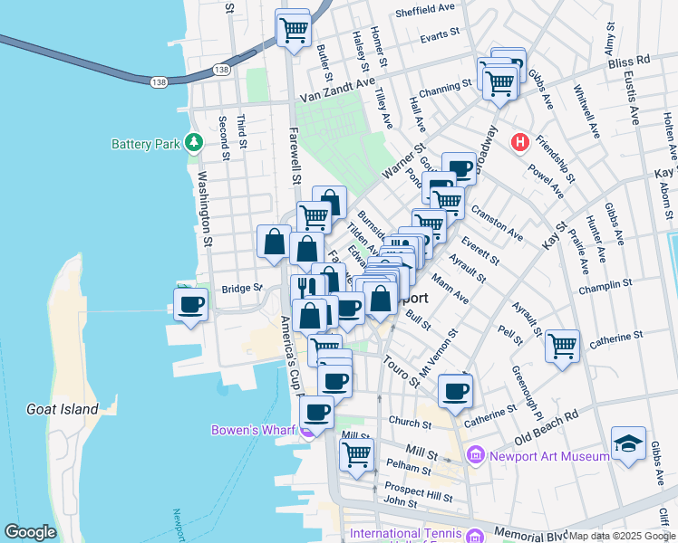 map of restaurants, bars, coffee shops, grocery stores, and more near 43 Farewell Street in Newport