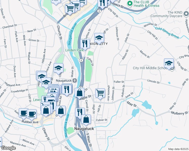 map of restaurants, bars, coffee shops, grocery stores, and more near 43 Coen Street in Naugatuck