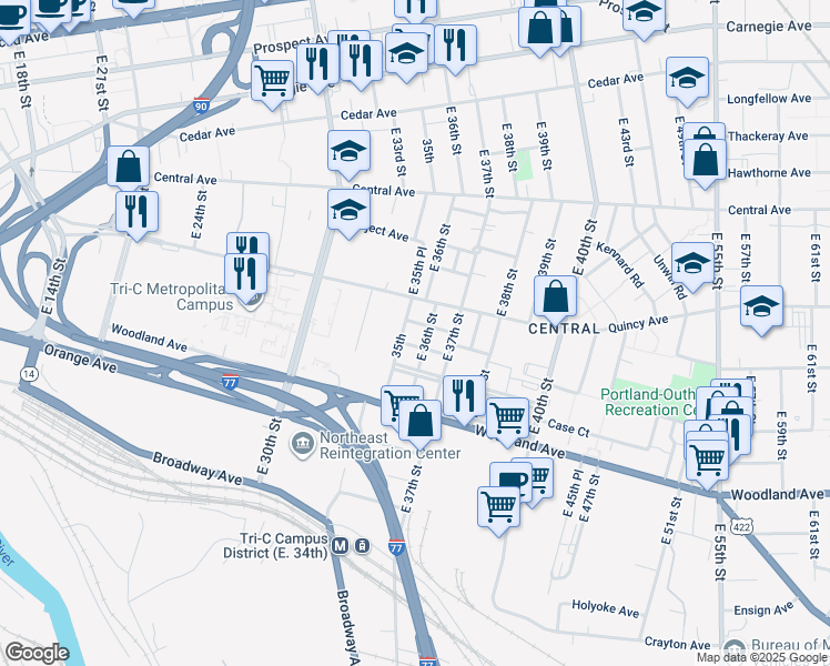 map of restaurants, bars, coffee shops, grocery stores, and more near 3529 Capers Avenue in Cleveland