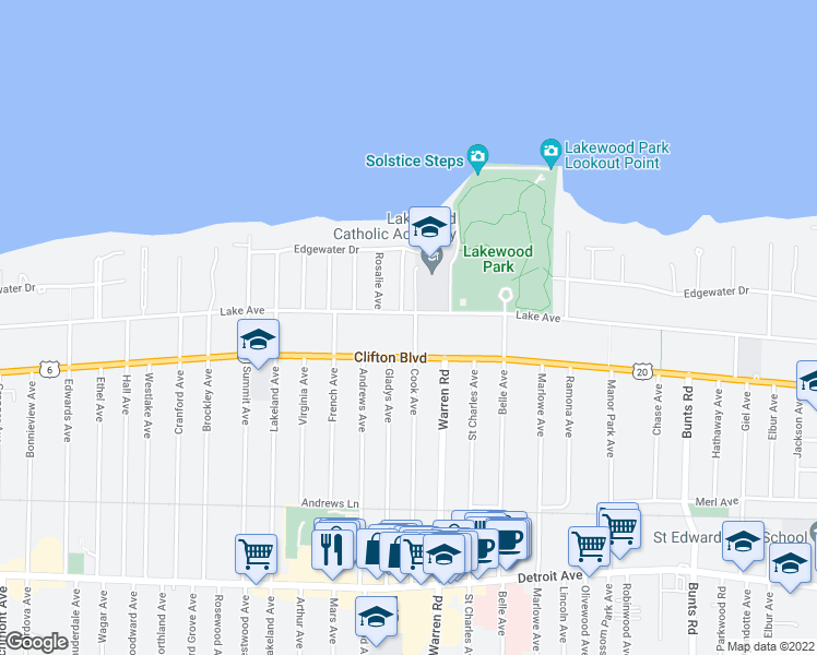 map of restaurants, bars, coffee shops, grocery stores, and more near 14915 Lake Avenue in Lakewood