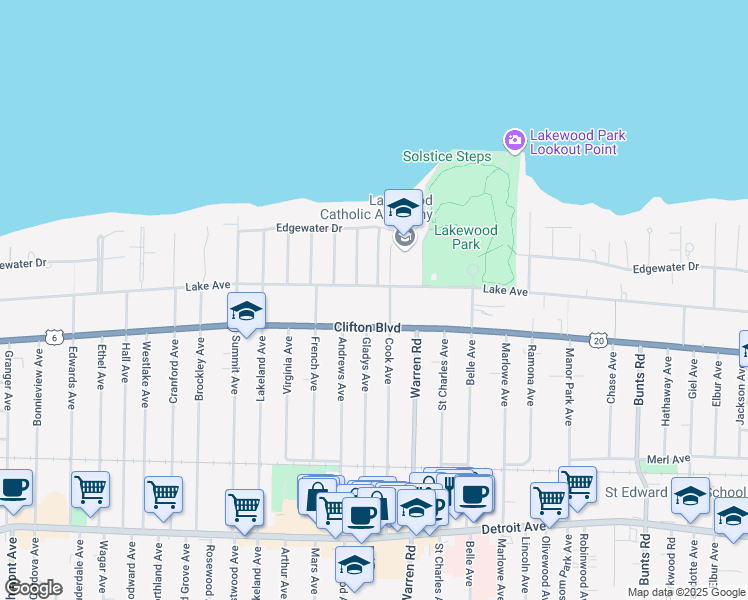 map of restaurants, bars, coffee shops, grocery stores, and more near 14915 Lake Avenue in Lakewood