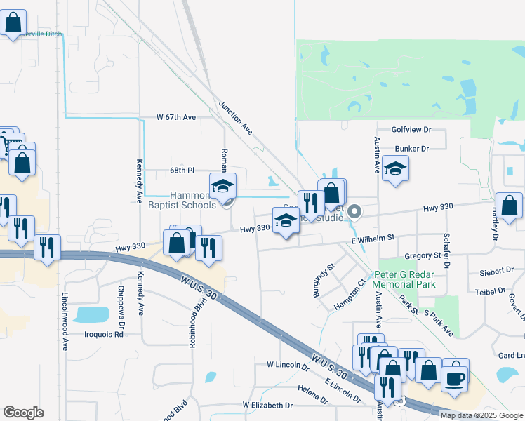 map of restaurants, bars, coffee shops, grocery stores, and more near 1600 Anna St in Schererville