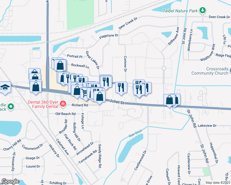 map of restaurants, bars, coffee shops, grocery stores, and more near 1227 Joliet St in Dyer