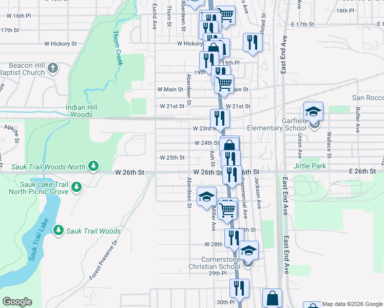 map of restaurants, bars, coffee shops, grocery stores, and more near 52 West 24th Street in Chicago Heights