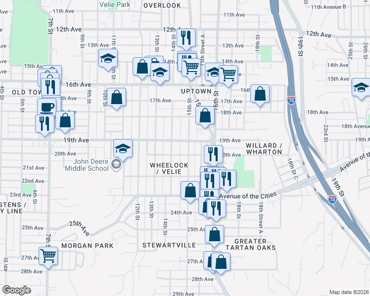 map of restaurants, bars, coffee shops, grocery stores, and more near 1901 15th Street in Moline
