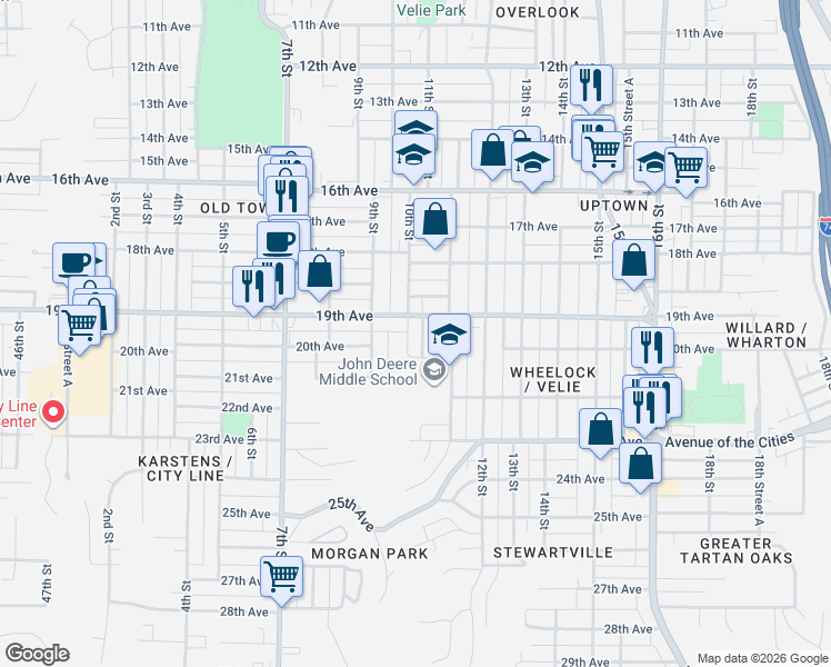map of restaurants, bars, coffee shops, grocery stores, and more near 924 19th Avenue in Moline