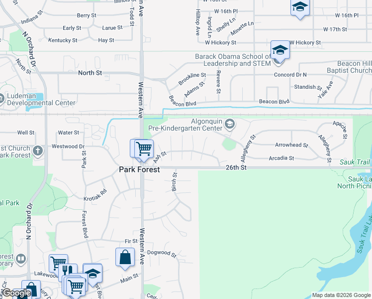 map of restaurants, bars, coffee shops, grocery stores, and more near 172 Ash Street in Park Forest