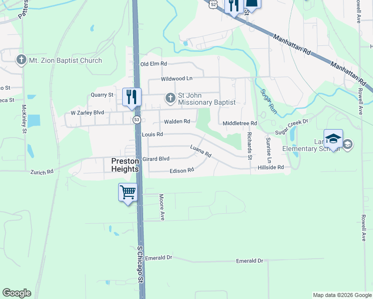 map of restaurants, bars, coffee shops, grocery stores, and more near 113 Luana Road in Joliet