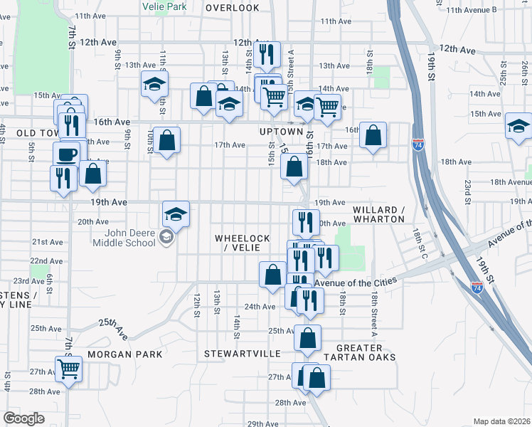 map of restaurants, bars, coffee shops, grocery stores, and more near 1901 15th Street in Moline