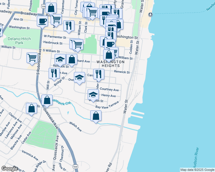 map of restaurants, bars, coffee shops, grocery stores, and more near 35 Liberty Street Washington Heights in Newburgh