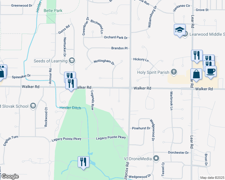 map of restaurants, bars, coffee shops, grocery stores, and more near 32351 Walker Road in Avon Lake