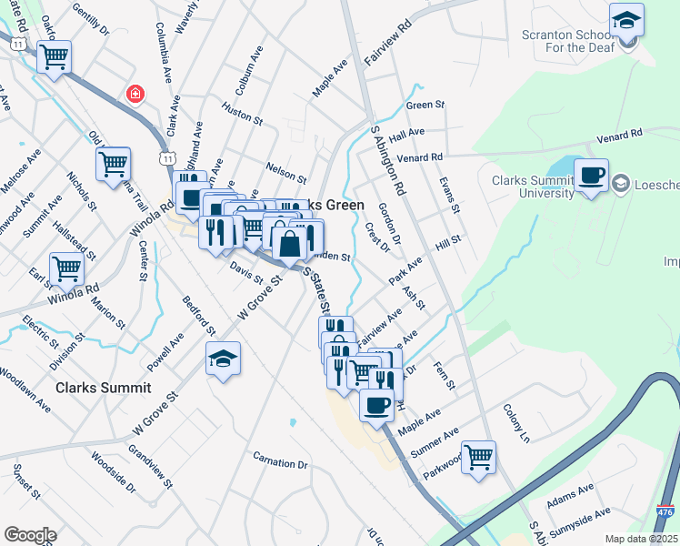 map of restaurants, bars, coffee shops, grocery stores, and more near 100 Linden Street in Clarks Summit