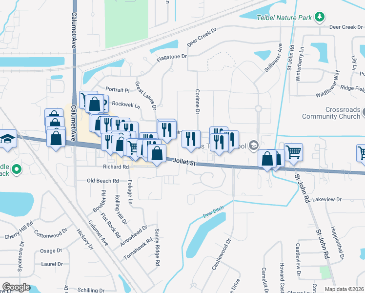 map of restaurants, bars, coffee shops, grocery stores, and more near 1227 Joliet St in Dyer