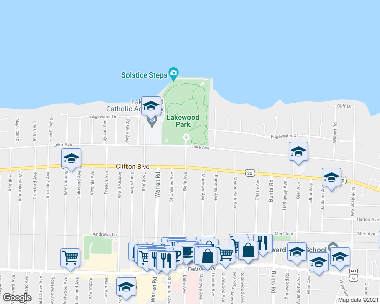 map of restaurants, bars, coffee shops, grocery stores, and more near 14529 Lake Ave in Lakewood
