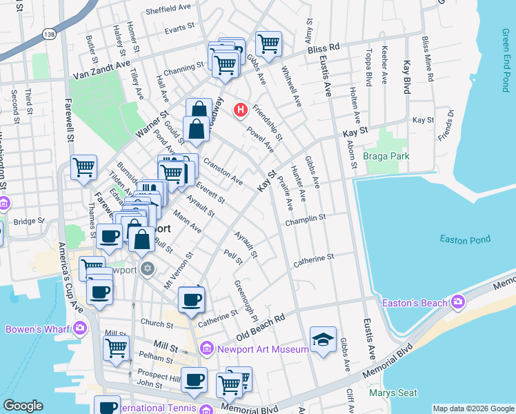 map of restaurants, bars, coffee shops, grocery stores, and more near 4 1/2 Kay Terrace in Newport