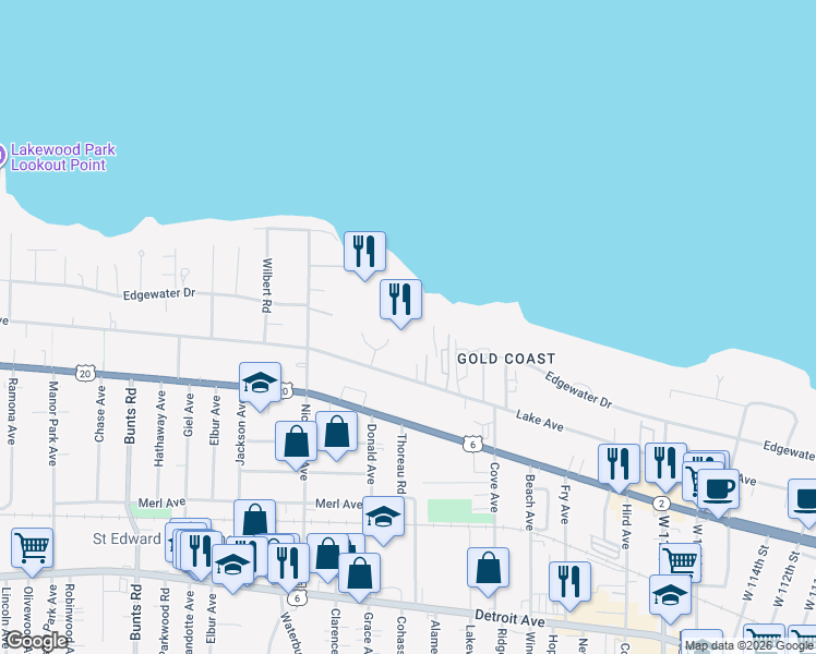 map of restaurants, bars, coffee shops, grocery stores, and more near 12700 Lake Avenue in Lakewood