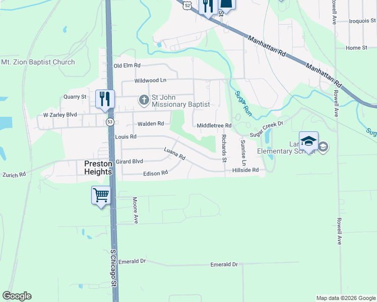map of restaurants, bars, coffee shops, grocery stores, and more near 209 Louis Road in Joliet
