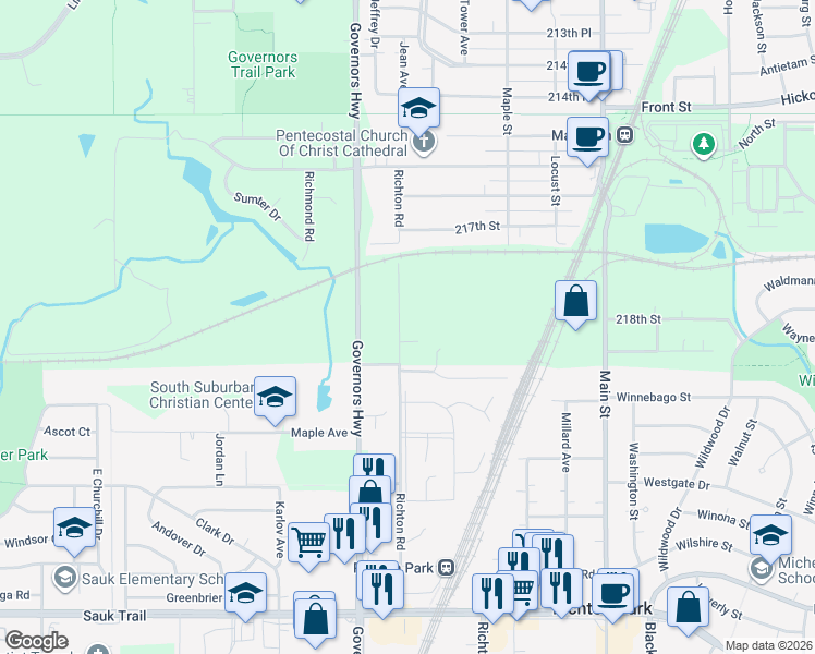map of restaurants, bars, coffee shops, grocery stores, and more near 21817 Richton Road in Matteson