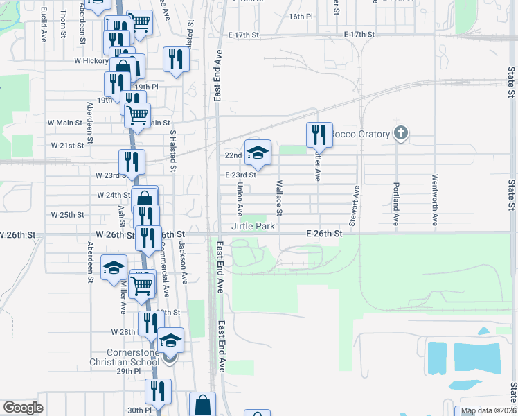 map of restaurants, bars, coffee shops, grocery stores, and more near 144 East 24th Street in Chicago Heights