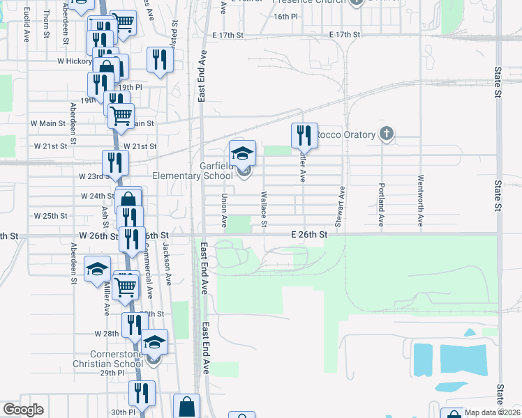 map of restaurants, bars, coffee shops, grocery stores, and more near 144 East 24th Street in Chicago Heights