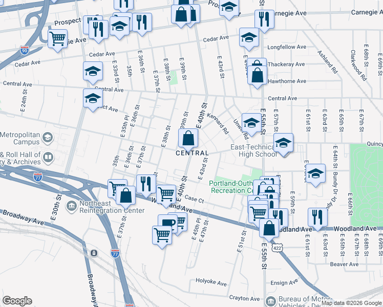 map of restaurants, bars, coffee shops, grocery stores, and more near E 40th St & Quincy Ave in Cleveland