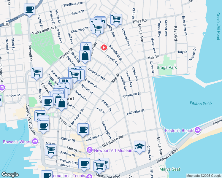 map of restaurants, bars, coffee shops, grocery stores, and more near 71 Kay Street in Newport