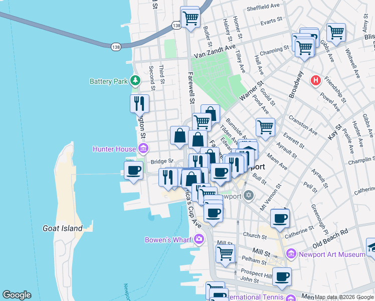 map of restaurants, bars, coffee shops, grocery stores, and more near 9 America's Cup Avenue in Newport