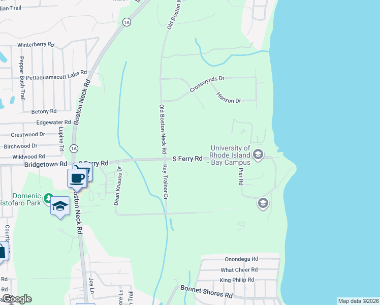 map of restaurants, bars, coffee shops, grocery stores, and more near 132 South Ferry Road in Narragansett