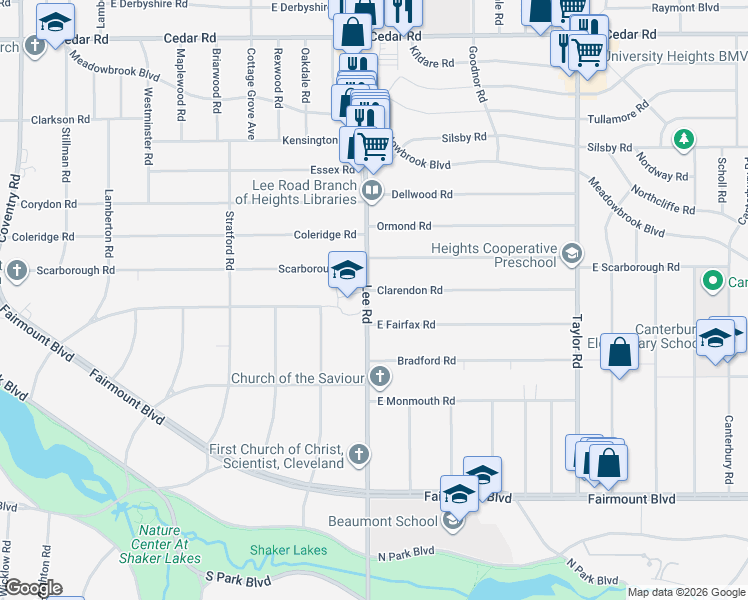 map of restaurants, bars, coffee shops, grocery stores, and more near 3150 Fairfax Road in Cleveland Heights