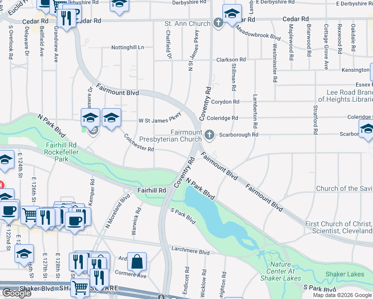 map of restaurants, bars, coffee shops, grocery stores, and more near 2440 Coventry Road in Cleveland Heights
