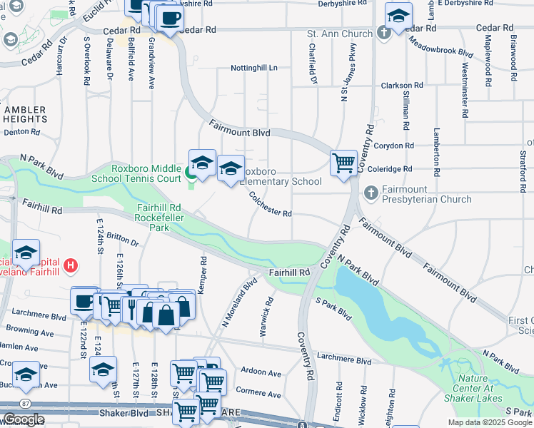 map of restaurants, bars, coffee shops, grocery stores, and more near 2616 Colchester Road in Cleveland Heights