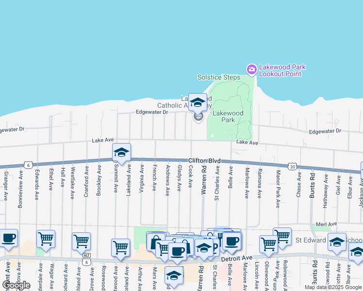 map of restaurants, bars, coffee shops, grocery stores, and more near 14915 Lake Avenue in Lakewood