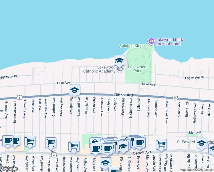 map of restaurants, bars, coffee shops, grocery stores, and more near 14915 Lake Avenue in Lakewood