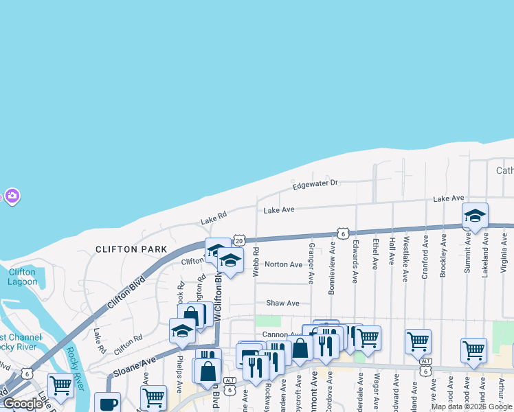map of restaurants, bars, coffee shops, grocery stores, and more near 17802 Lake Road in Lakewood